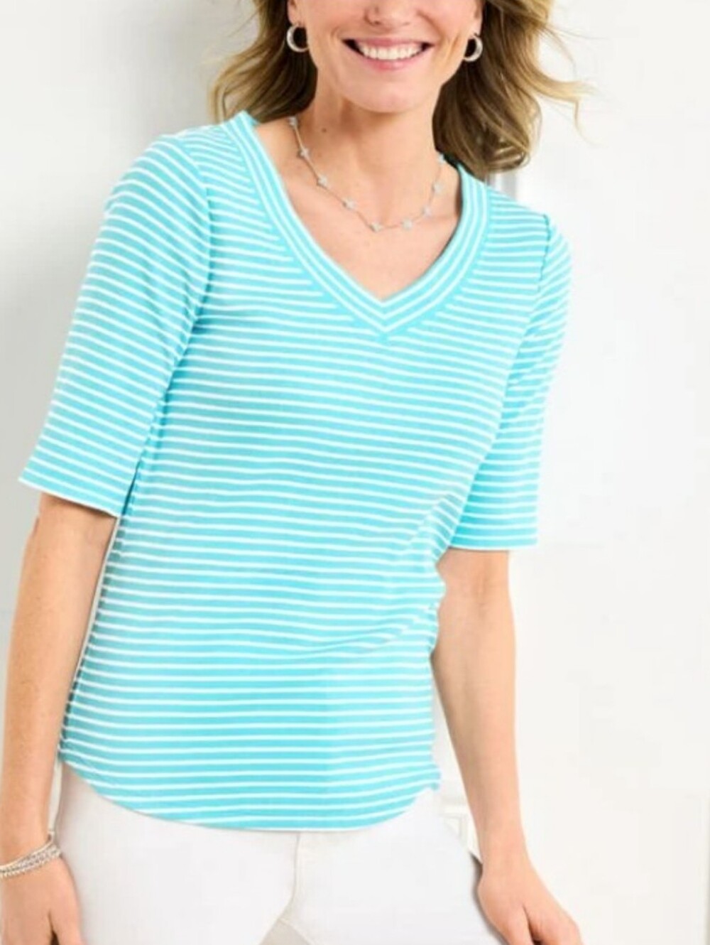 NWOT Talbots Light Blue And White Striped Ribbed V- Neck Short Sleeve Tee Size M
